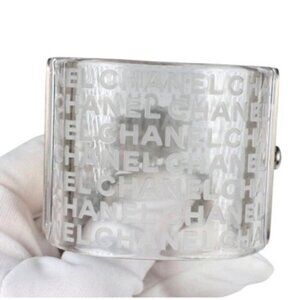 Chanel Logo Hinged Cuff Bracelet Clear Resin Silver-Tone Metal SS18 Collection